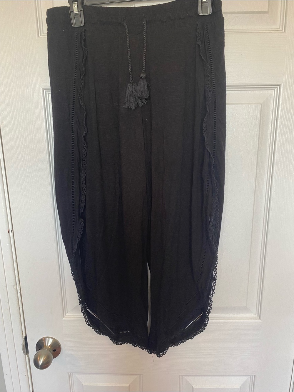 Joe Fresh Black Drawstring Harem Pants Tassels Lace Trim Size Medium